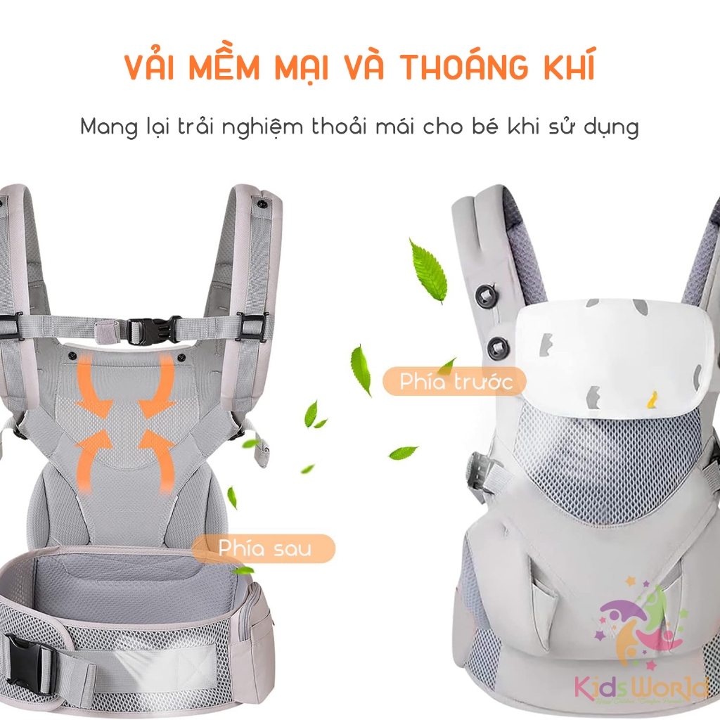 Địu em bé trợ lực KidAndMom 360 Cool Air Mesh đa năng có khăn lau nước miếng mũ trùm đầu đỡ đầu đỡ cổ gọn nhẹ thoáng khí