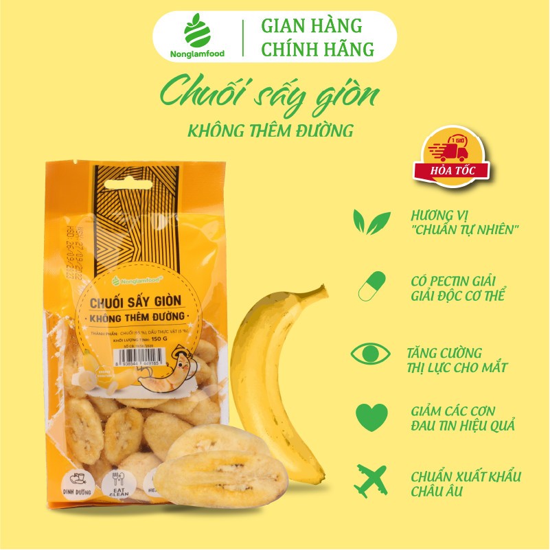 Chuối sấy giòn KHÔNG THÊM ĐƯỜNG Nonglamfood túi 150g | Banana Chips | Đồ ăn vặt dinh dưỡng, thơm ngon