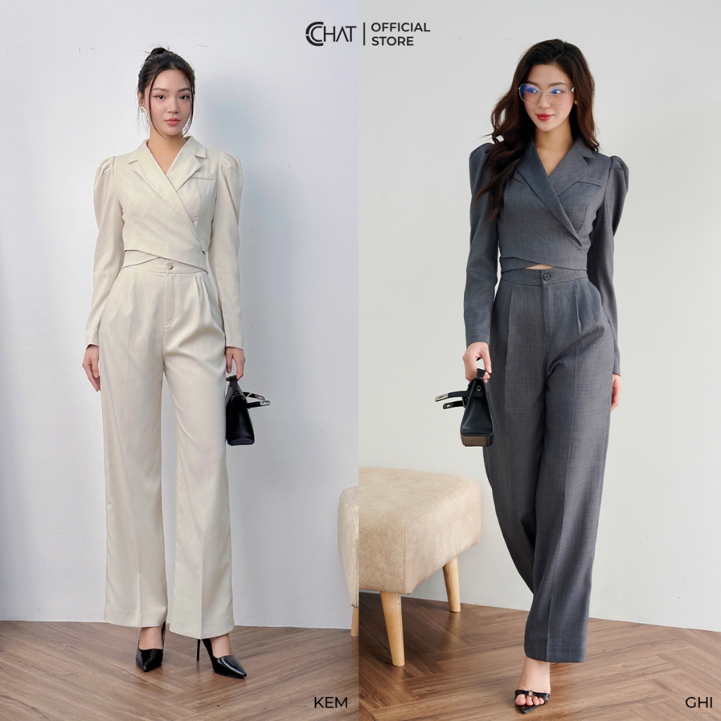 Jumpsuit Nữ 𝐂𝐂𝐇𝐀𝐓 Kiểu Vạt Chéo Tay Dài Dáng Suông Chất Tuytsi Cao Cấp 23JDS2001ST