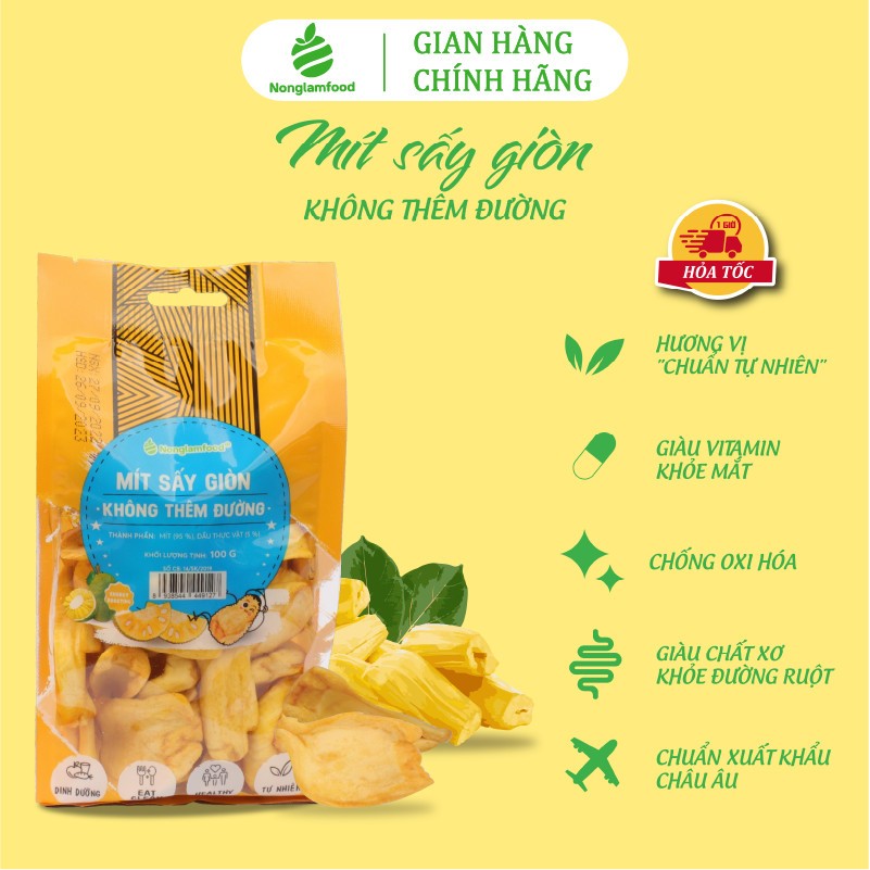 Mít sấy giòn KHÔNG THÊM ĐƯỜNG Nonglamfood túi 100g | Jackfruit Chips | Ăn vặt dinh dưỡng, thơm ngon thượng hạng