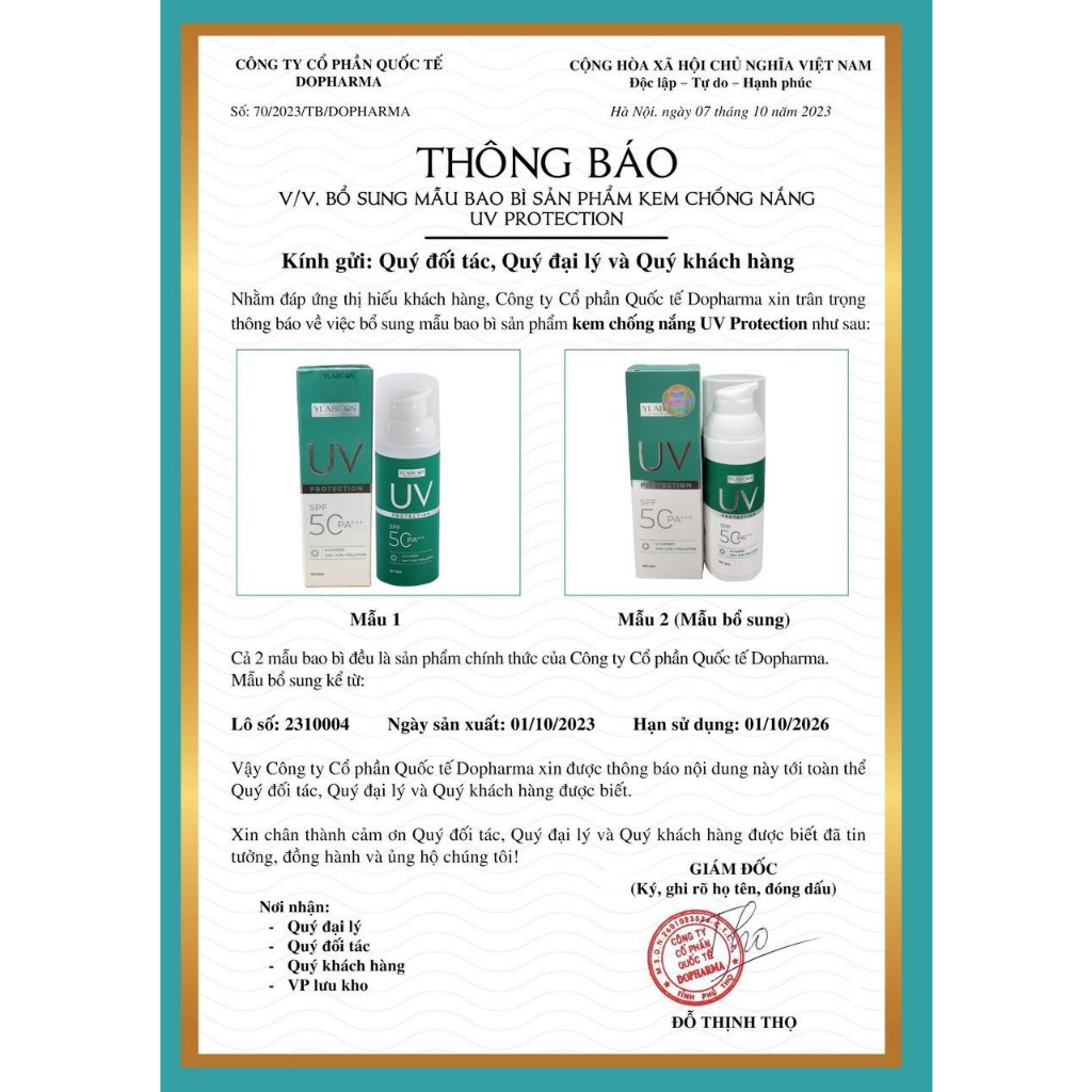 Kem trống nắng UV, Chống nắng giúp làm mờ thâm, dưỡng trắng da Ylabcos simshop102