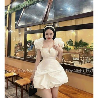 Đầm Váy thời thượng Chất Tafta Thiết Kế Họa Tiết Vai Hoa Phối Lưới Chiết Eo Kiểu Dáng Ngắn Bí Siêu Tone Dáng Sang Chảnh