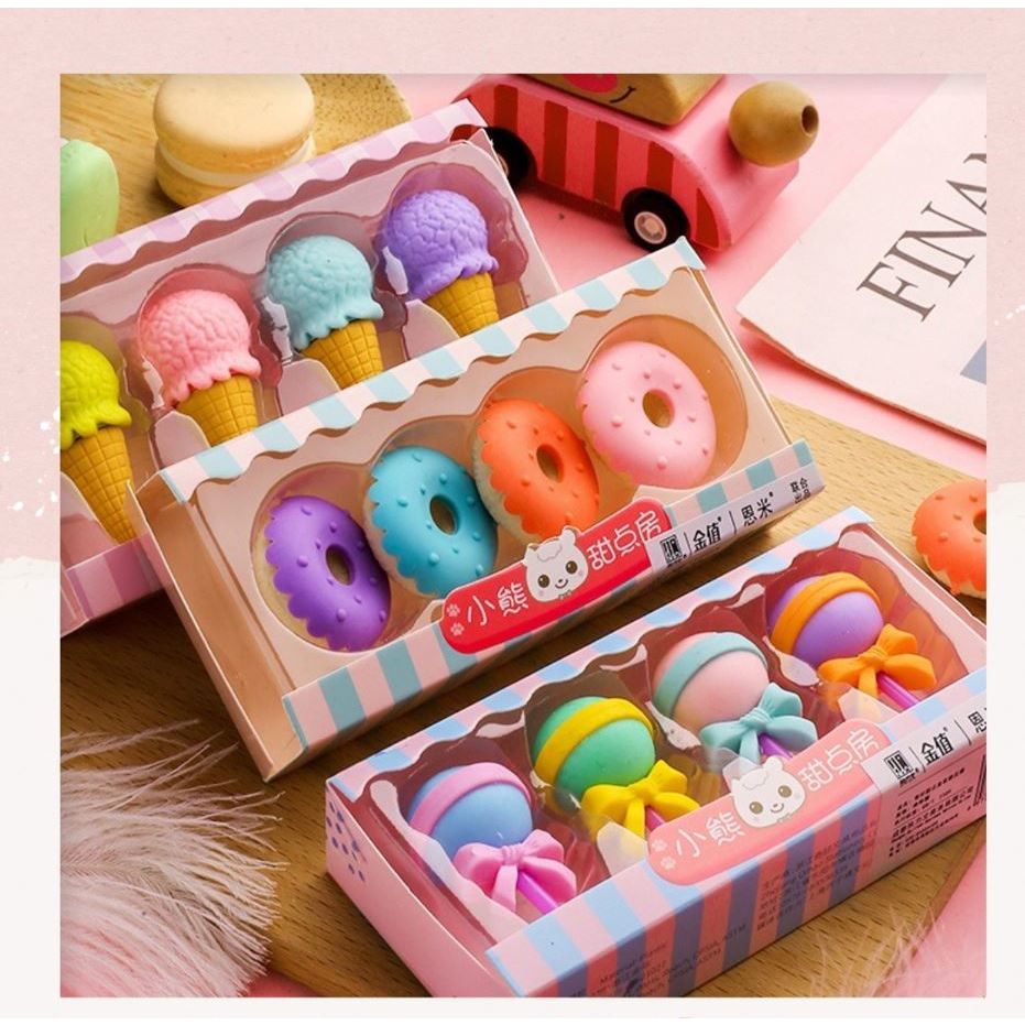 Combo hộp 4 cục gôm tẩy bút chì hình bánh kẹo, que kem nhiều màu