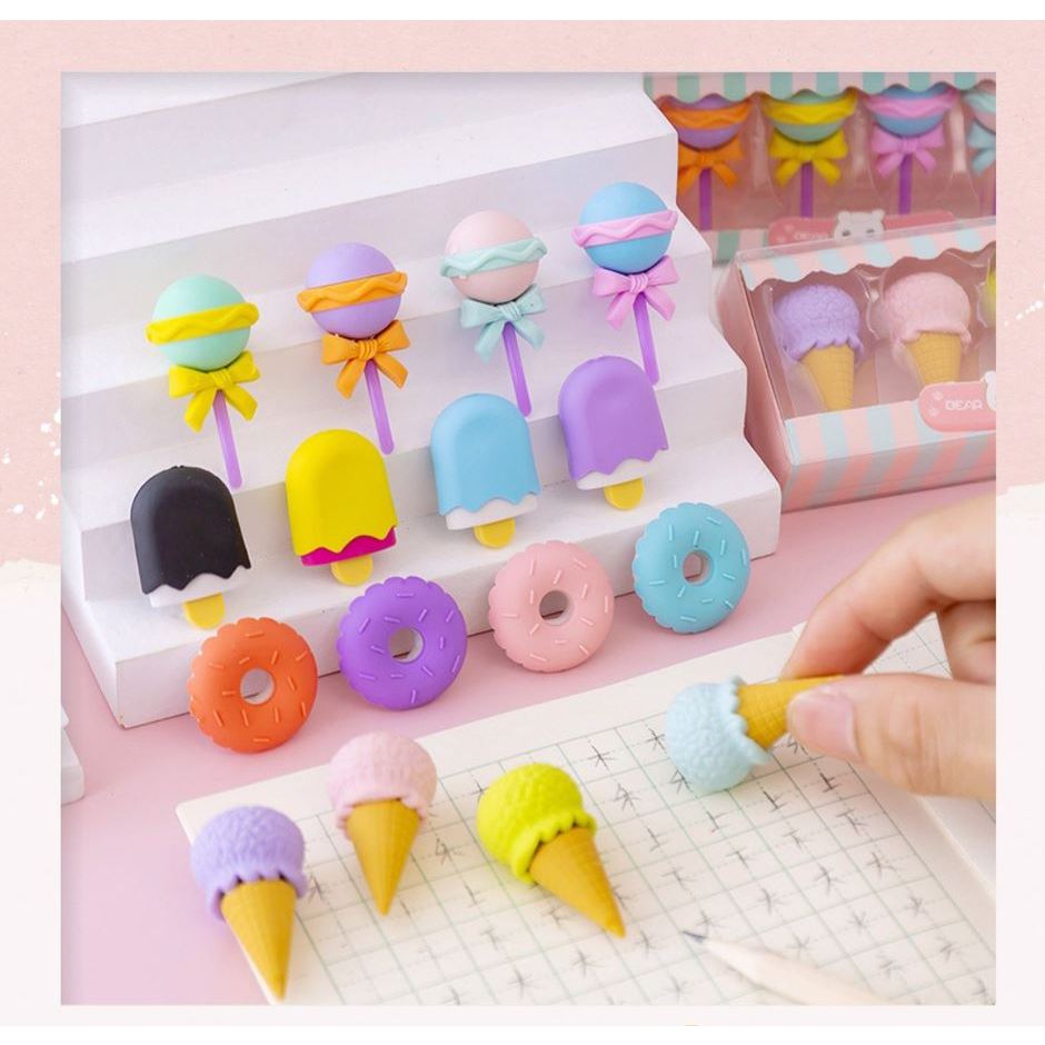 Combo hộp 4 cục gôm tẩy bút chì hình bánh kẹo, que kem nhiều màu