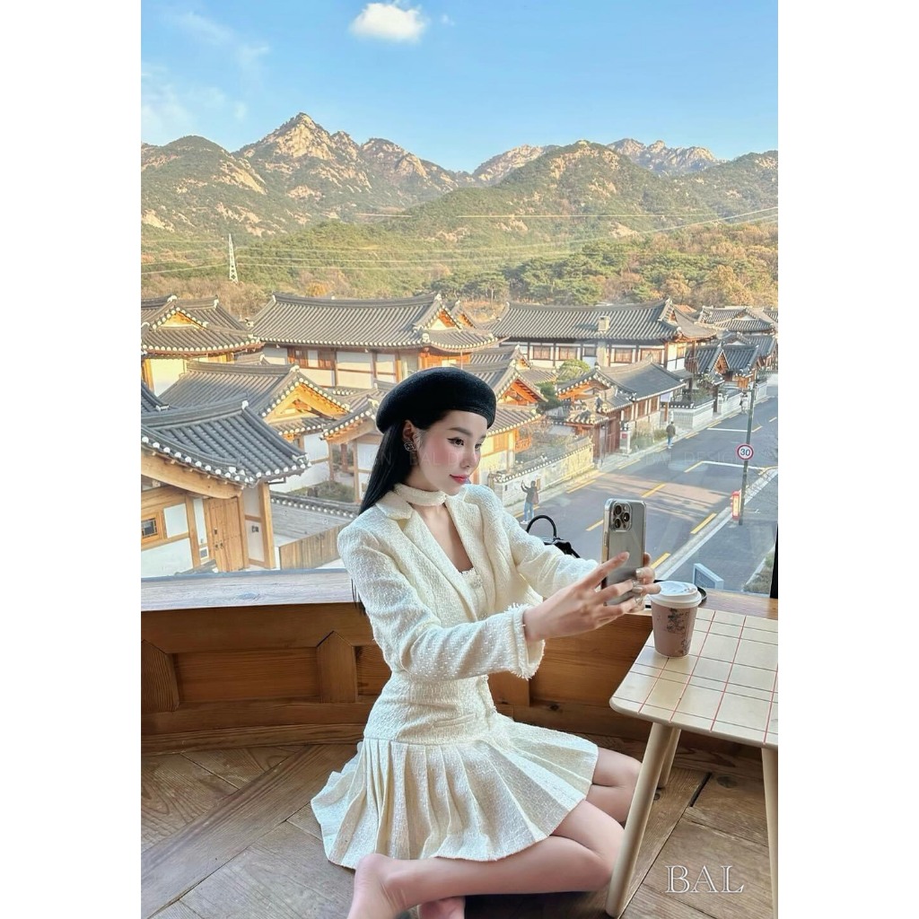 Set váy dạ choàng ngoài kèm choker full tac đi kèm 2 màu xinh xiu