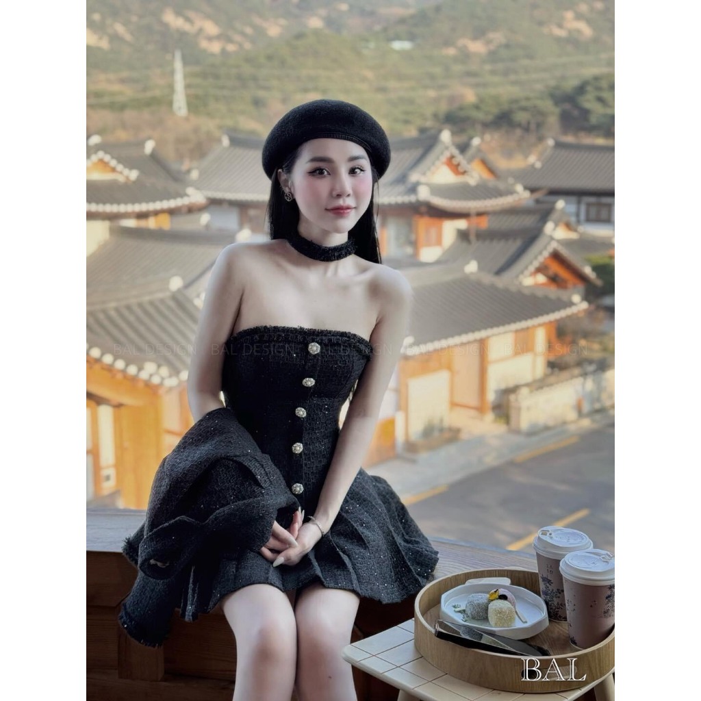 Set váy dạ choàng ngoài kèm choker full tac đi kèm 2 màu xinh xiu