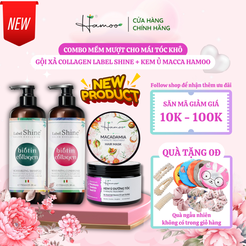 Cặp Dầu Gội Xả Biotin Collagen Label Shine 750ml, Ủ Tóc HAMOO Kiềm Dầu Phục Hồi Làm Phồng Chân Tóc Siêu Thơm Và Mềm Mượt