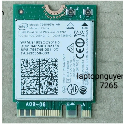 card wifi 7265 bluetooth  AC, băng tầng 2,4G.  và5G  sử dụng cho laptop dell DELL lntel model 7265NGW khe lọt M2 NGFF