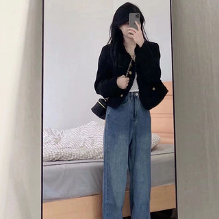 Áo Khoác Dạ Tweed Tay Dài Màu Đen Dày Dặn Thiết Kế Cổ V Phối Cúc Đồng Phong Cách Hàn Quốc Momome