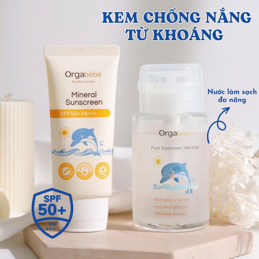 Kem chống nắng và nước tẩy trang ORGABEBE nội địa Hàn Quốc an toàn cho bé