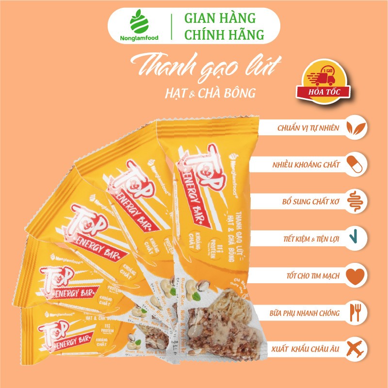 Thanh năng lượng gạo lứt ngũ cốc Hạt và Chà bông Top Energy Bar Nonglamfood 272g | Ăn kiêng giảm cân, ăn vặt lành mạnh