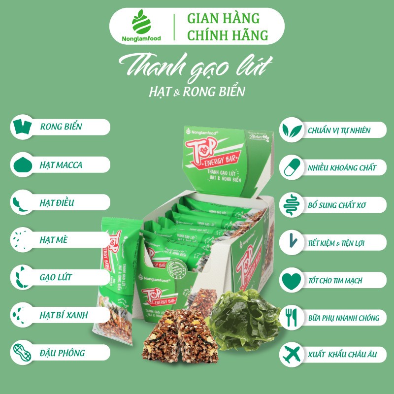 [THUẦN CHAY] Thanh năng lượng gạo lứt ngũ cốc Hạt và Rong biển Top Energy Bar Nonglamfood hộp 272g | Ăn kiêng