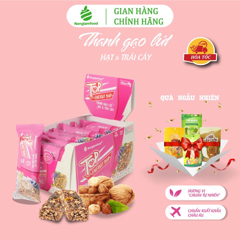 [THUẦN CHAY]Thanh năng lượng gạo lứt ngũ cốc Hạt và Trái cây Top Energy Bar Nonglamfood hộp 272g | Ăn kiêng, ăn chay