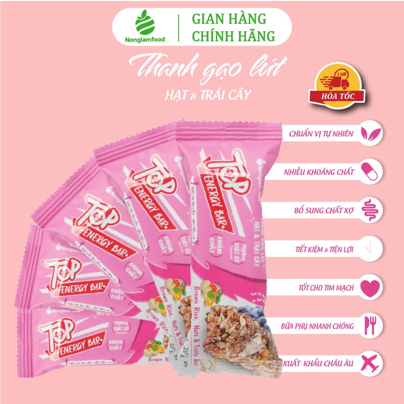 [THUẦN CHAY]Thanh năng lượng gạo lứt ngũ cốc Hạt và Trái cây Top Energy Bar Nonglamfood hộp 272g | Ăn kiêng, ăn chay