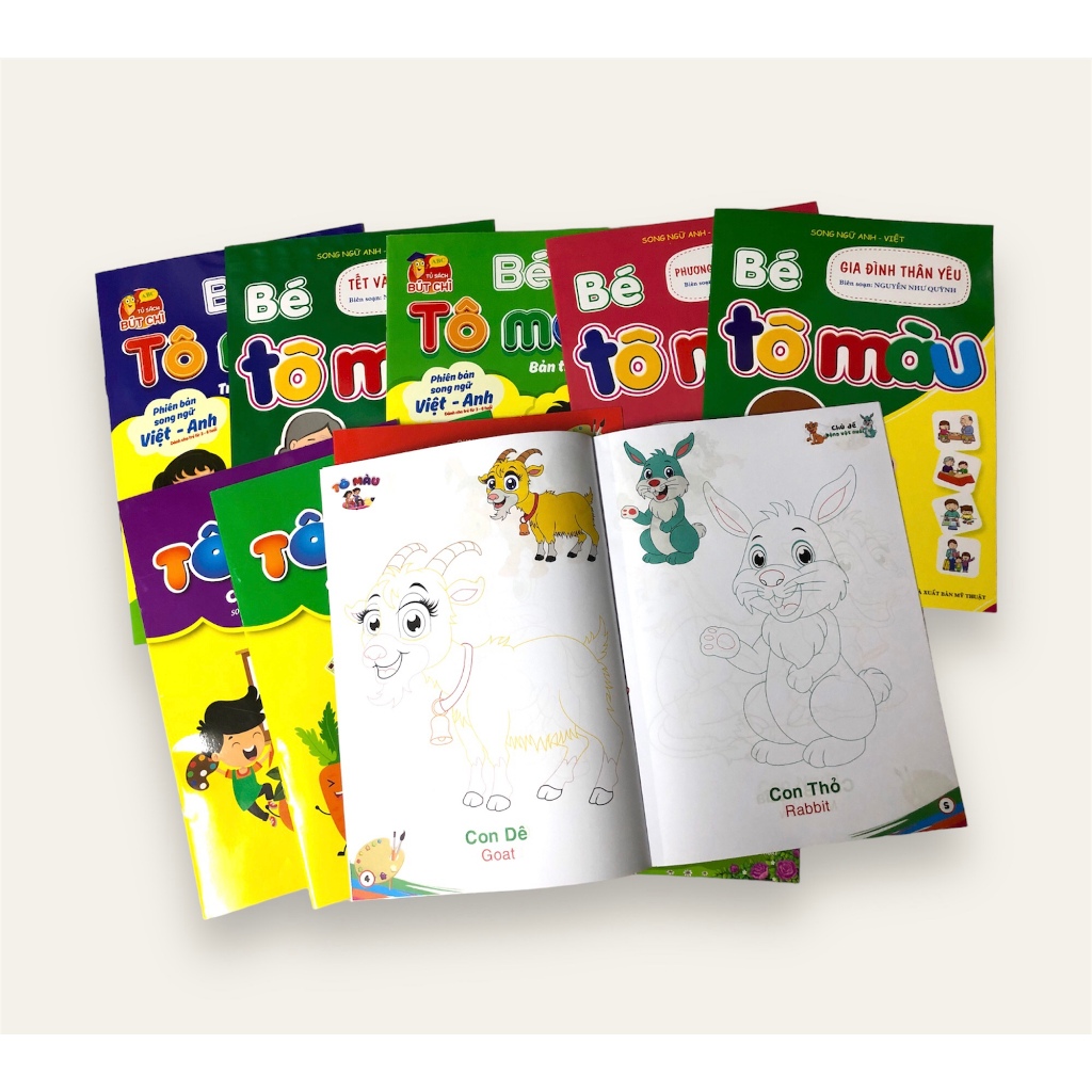 Combo Tô Hình Song Ngữ Anh - Việt - Set 10 Tô Màu Quang Huy Đa Dạng Chủ Đề Phát Triển Trí Tuệ