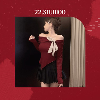𝟮𝟮.𝗦𝘁𝘂𝗱𝗶𝗼𝗼 ~ Áo len dệt kim trễ vai gắn nơ đáng yêu Áo trễ vai tay dài vạt chéo ôm body tôn dáng