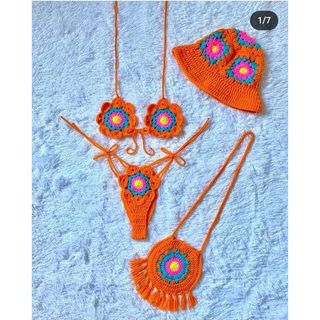 Set bikini móc len 2 mảnh có đính hoa, đồ bơi móc len, handmade thủ công
