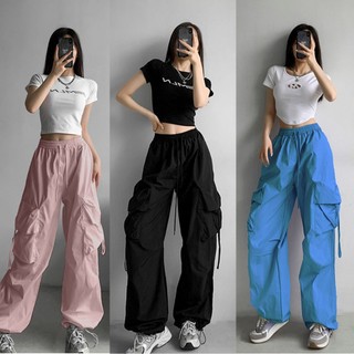  Quần Kaki túi hộp nữ ống rộng Cargo pants eo chun dây rút phong cách thể thao Y2K Douyin đường phố cá tính - CRP02 