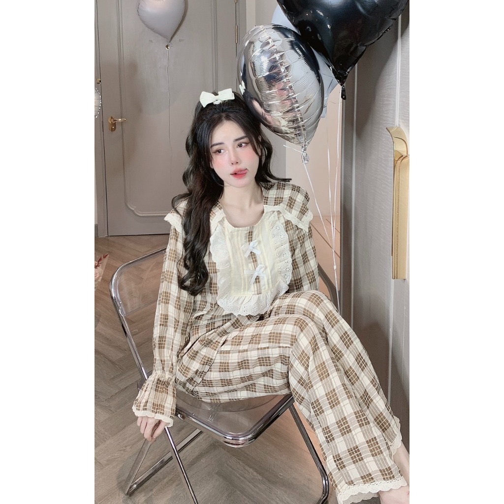 Bộ mặc nhà mùa đông cho nữ chất thô đũi kẻ nhung hàng loại 1, Bộ ngủ nữ dài tay kẻ caro cổ vạt vuông cá tính