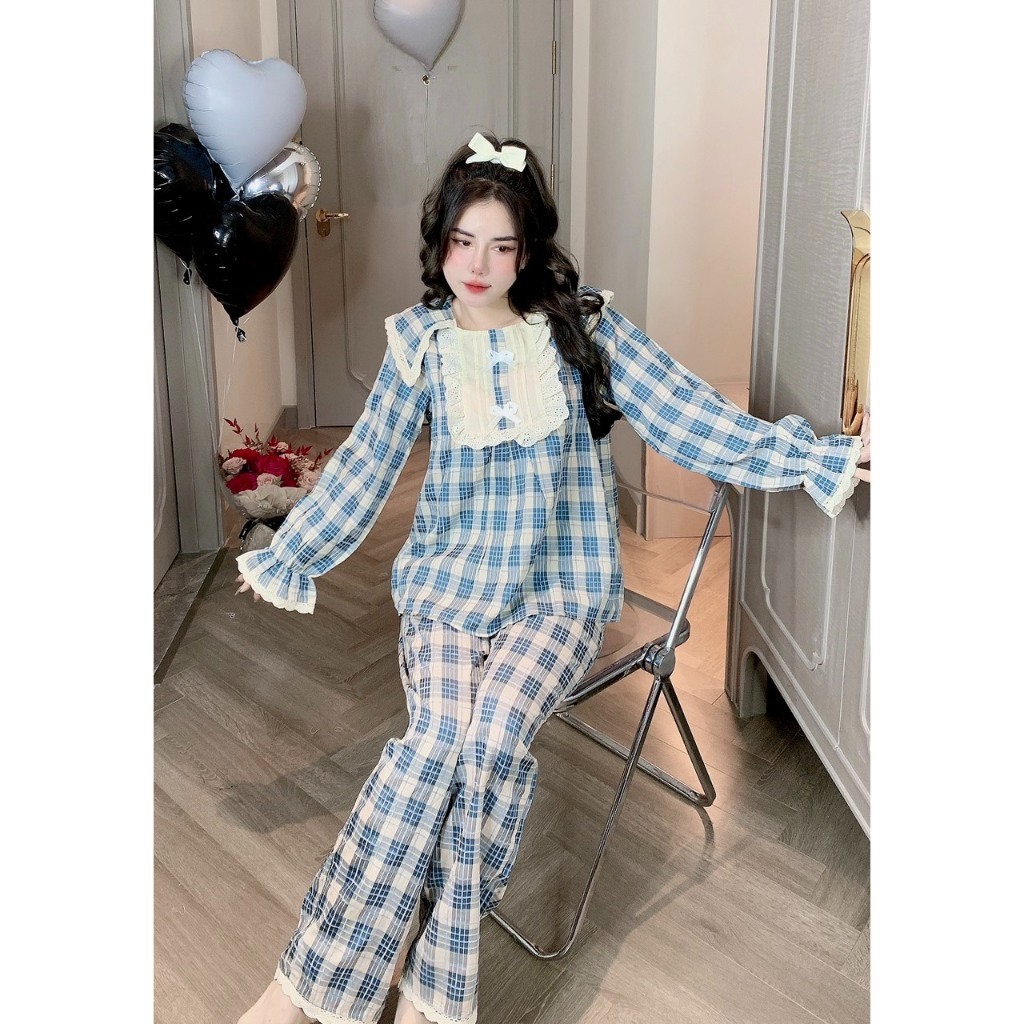 Bộ mặc nhà mùa đông cho nữ chất thô đũi kẻ nhung hàng loại 1, Bộ ngủ nữ dài tay kẻ caro cổ vạt vuông cá tính