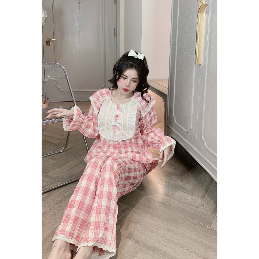 Bộ mặc nhà mùa đông cho nữ chất thô đũi kẻ nhung hàng loại 1, Bộ ngủ nữ dài tay kẻ caro cổ vạt vuông cá tính