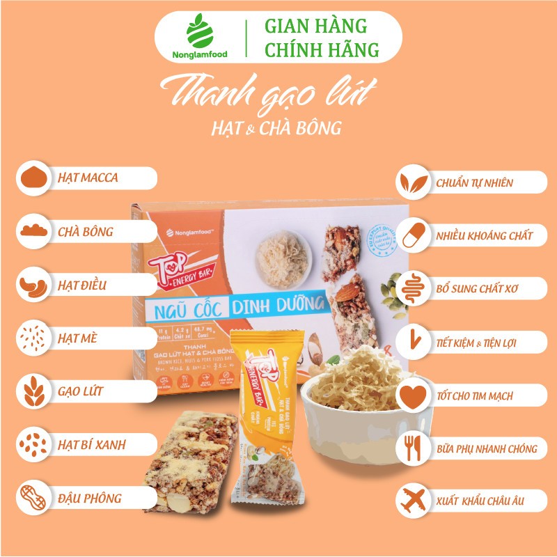 Thanh gạo lứt năng lượng ngũ cốc Hạt và Chà Bông Nonglamfood hộp 8 thanh136g | Hỗ trợ ăn kiêng giảm cân, bữa ăn thay thế