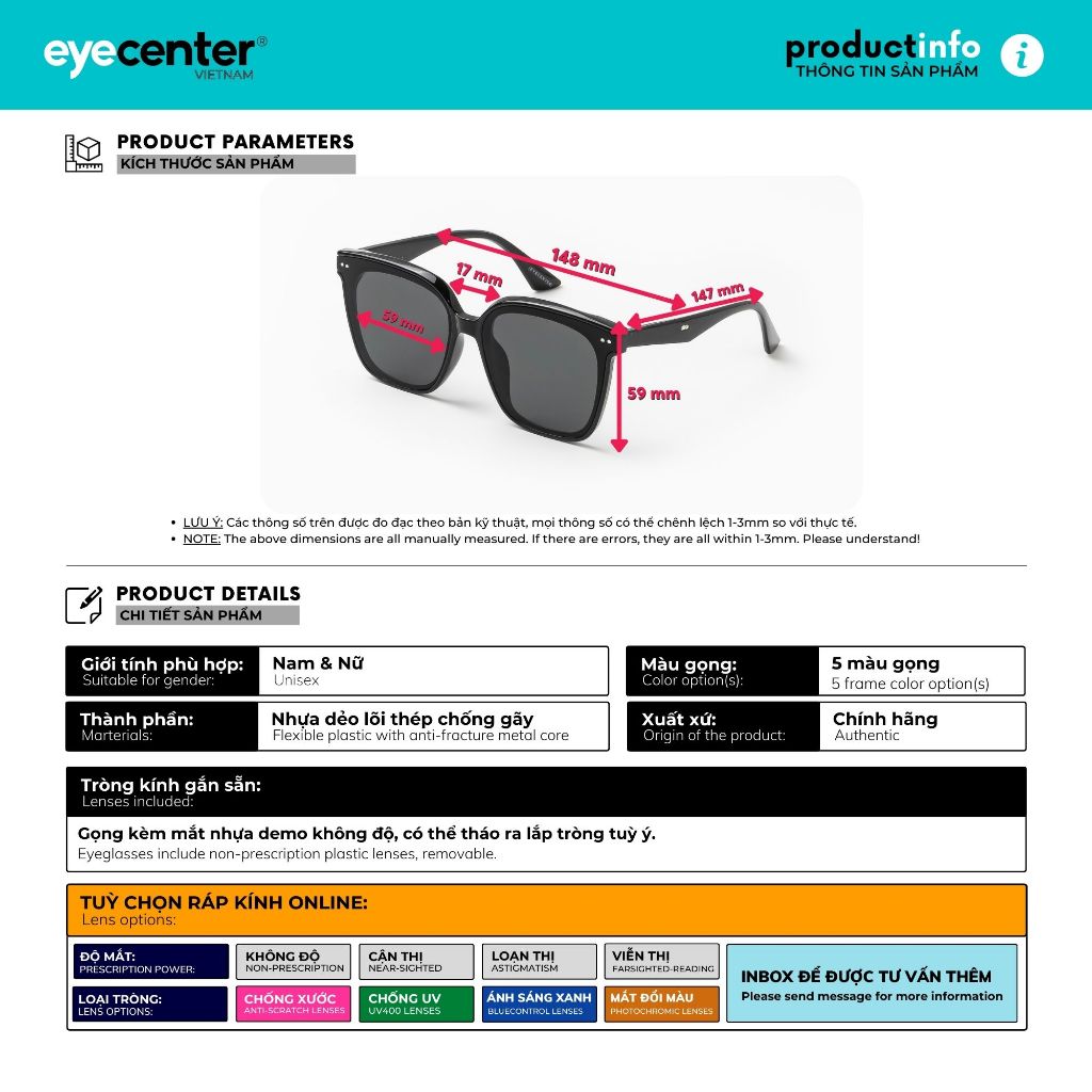 Kính mát nam nữ chính hãng EYECENTER S69-S nhựa dẻo siêu nhẹ nhập khẩu by Eye Center Vietnam