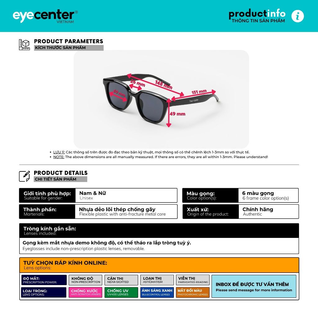 Kính mát nam nữ chính hãng EYECENTER S70-S nhựa dẻo siêu nhẹ nhập khẩu by Eye Center Vietnam