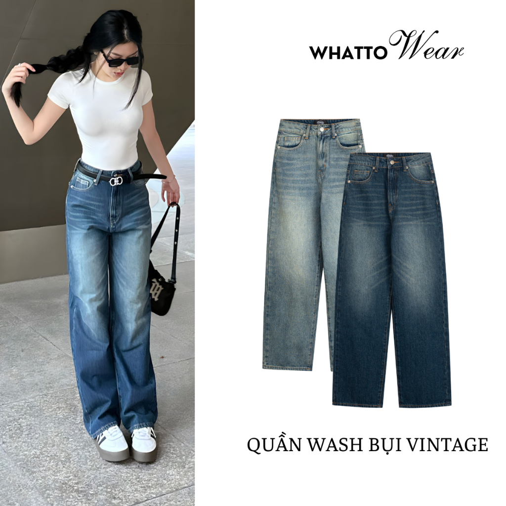 Quần jeans Wash bụi cạp thấp vintage by Whattowear