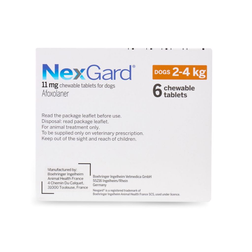 NexGard - Viên nhai phòng & trị ve, rận, bọ chét, ghẻ demodex, sarcoptes dành cho chó size S (2-4kg) - 1 hộp 6 viên