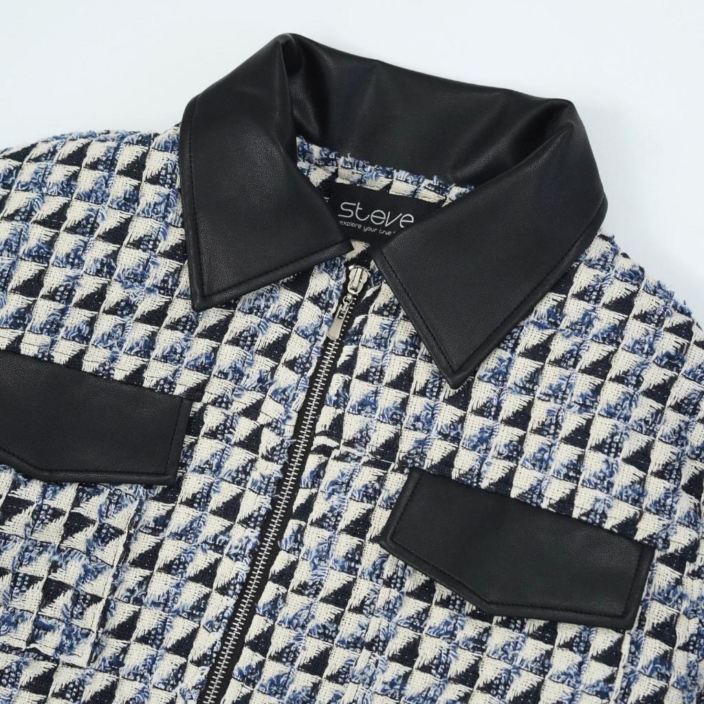 Áo Khoác Dạ nam Tweed SNOW Localbrand STEVE Trần Bông, dài tay, mix da họa tiết kẻ ô sang trọng.