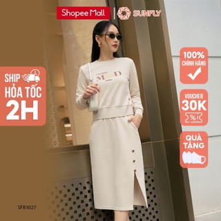 Set interlock 2 da SUNFLY, áo croptop, chân váy ôm SFB3027