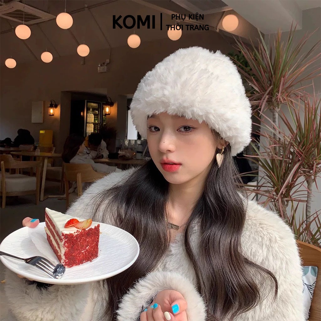 Mũ len nữ đẹp KOMI nón lông trắng trùm đầu thời trang mùa thu đông