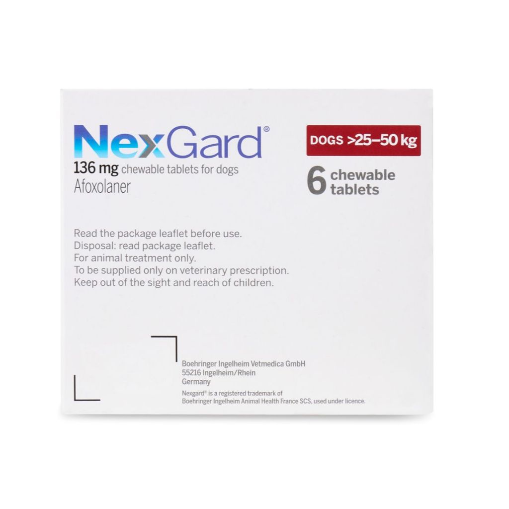 NexGard - Viên nhai phòng & trị ve, rận, bọ chét, ghẻ demodex, sarcoptes dành cho chó size XL (25-50kg) - 1 hộp 6 viên