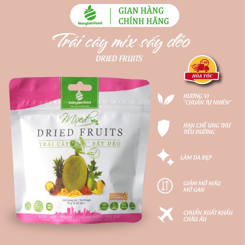 Mix hỗn hợp trái cây sấy dẻo (Đu đủ, Xoài, Thơm, Mít, Chanh dây) Nonglamfood túi 75g | Tăng cường chất xơ, đề kháng