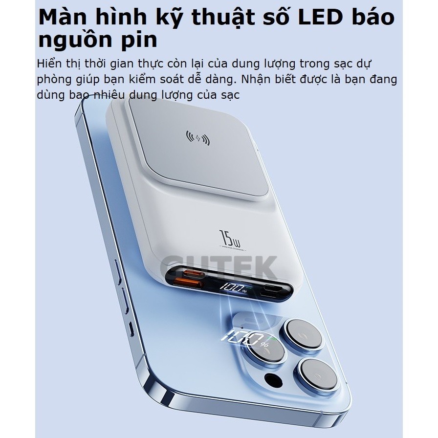 Sạc dự phòng không dây sạc nhanh 22,5W pin 15000mah cao cấp cho từ ip 8/X/11/12/13 – Gutek GT68