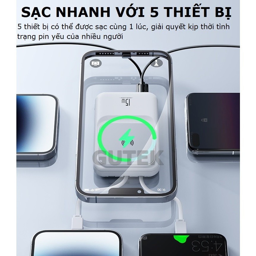 Sạc dự phòng không dây sạc nhanh 22,5W pin 15000mah cao cấp cho từ ip 8/X/11/12/13 – Gutek GT68