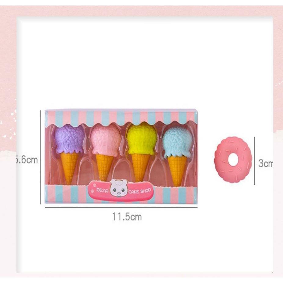 Combo hộp 4 cục gôm tẩy bút chì hình bánh kẹo, que kem nhiều màu