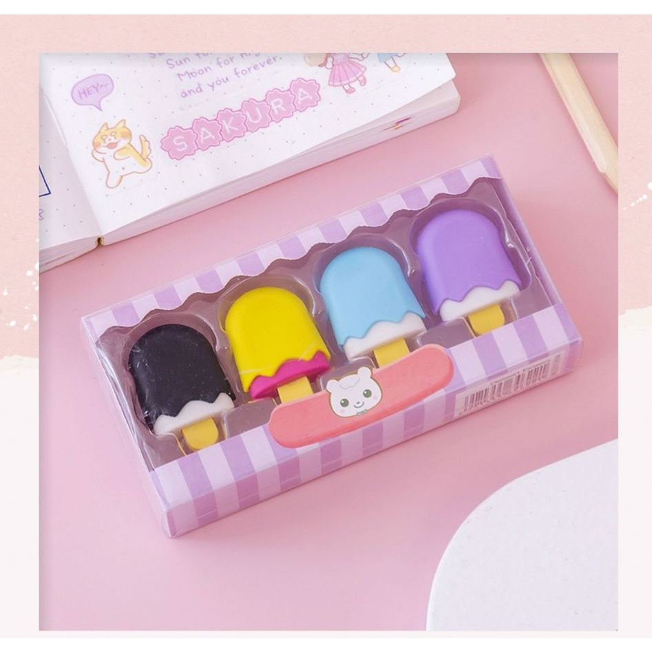 Combo hộp 4 cục gôm tẩy bút chì hình bánh kẹo, que kem nhiều màu