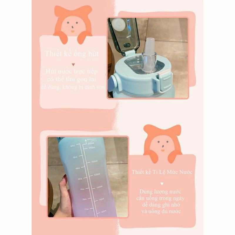 Bình nước 2 lít màu đẹp, tặng ticker, có quai xách tiện lợi
