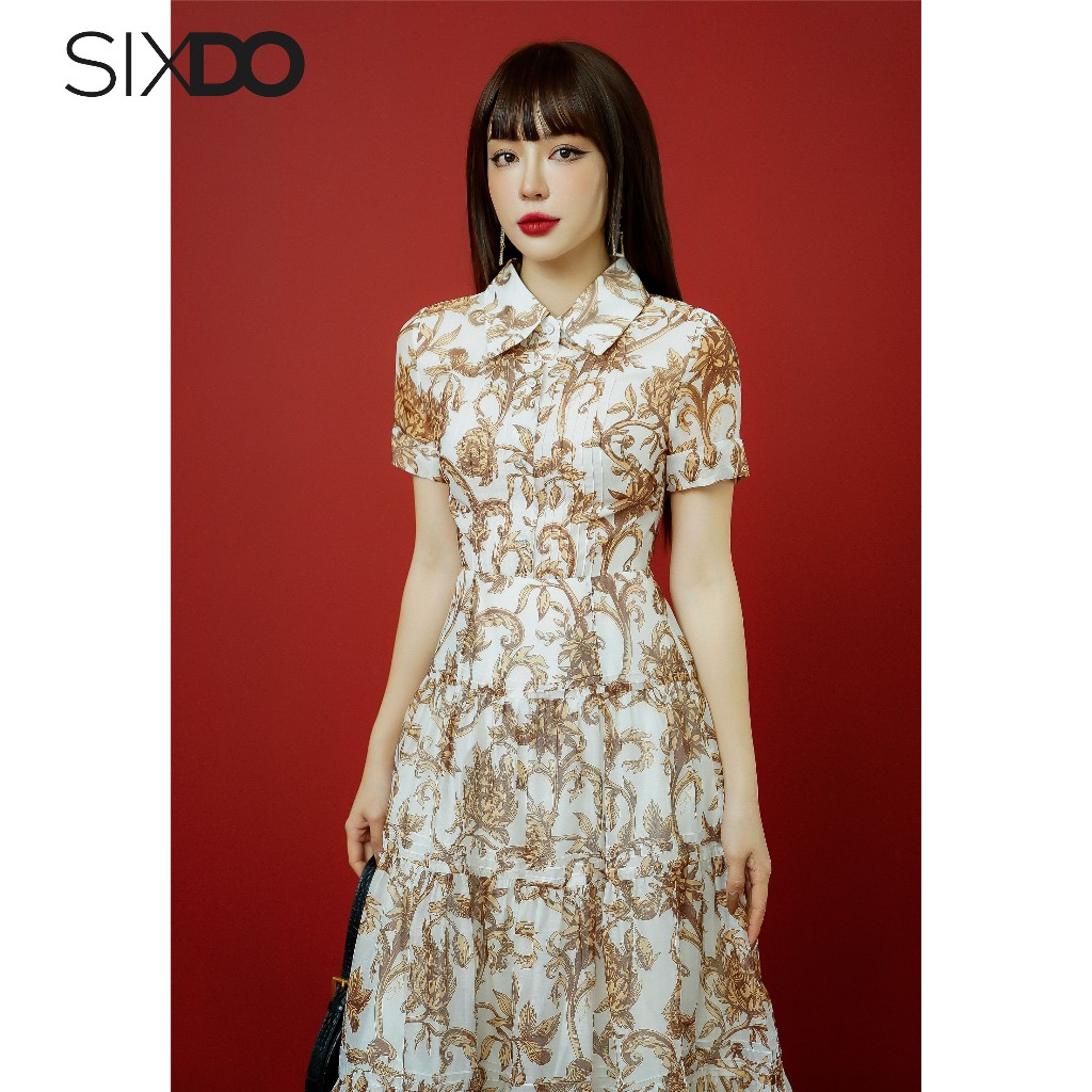 Đầm sơ mi cộc tay dáng xòe họa tiết Baroque SIXDO (White Baroque Print Tiered Midi Dress)