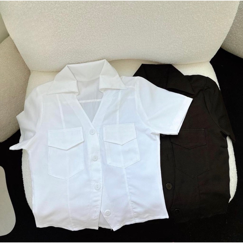 Áo Sơ Mi Kiểu Tay Ngắn Phối Hàng Cúc Có Túi 2 Bên Đơn Giản