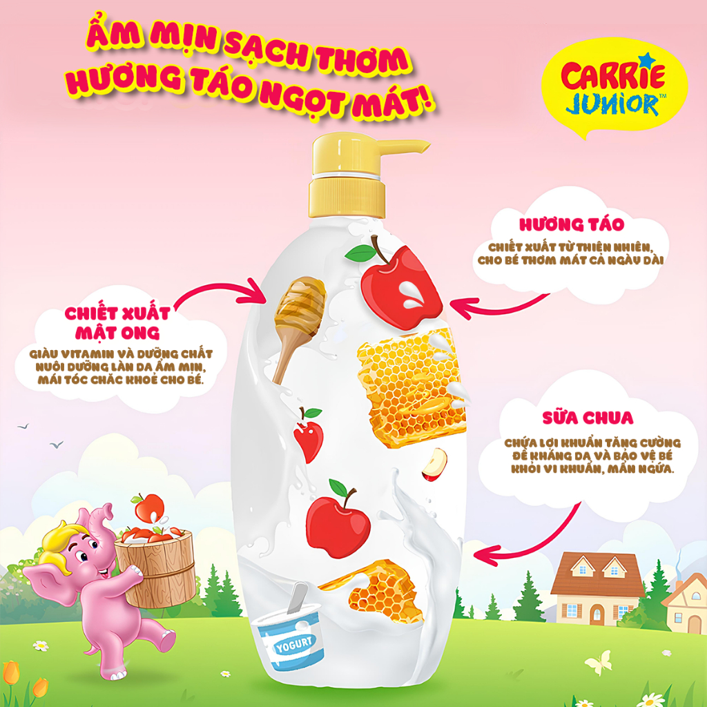 Chai Sữa Tắm Gội Carrie Junior Yoghurt Hương Táo 700g