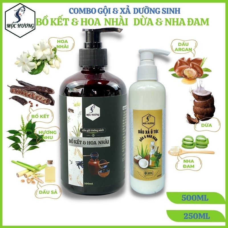 COMBO gội BỒ KẾT HOA NHÀI & xả SỮA DỪA, NHA ĐAM Mộc Hương 500ml&250ml - Giảm khô gãy, chẻ ngọn, lưu hương nhẹ nhàng