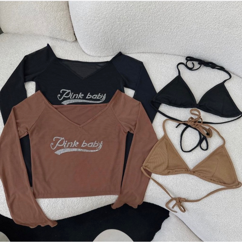 Áo Kiểu Lưới Tay Dài Kèm Bra Đính Đá Chữ Pink Baby Quyến Rũ