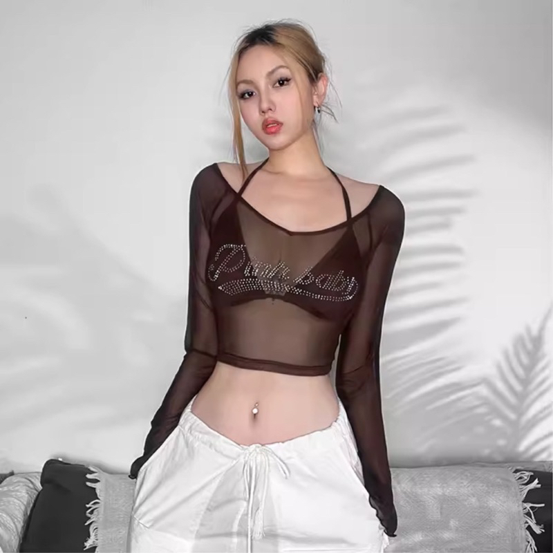 Áo Kiểu Lưới Tay Dài Kèm Bra Đính Đá Chữ Pink Baby Quyến Rũ