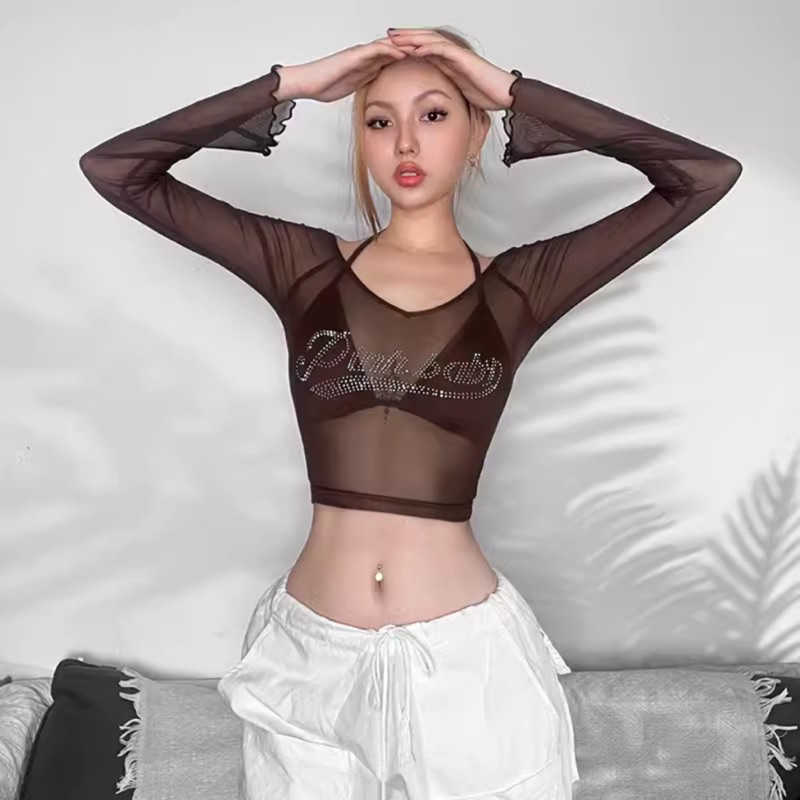 Áo Kiểu Lưới Tay Dài Kèm Bra Đính Đá Chữ Pink Baby Quyến Rũ