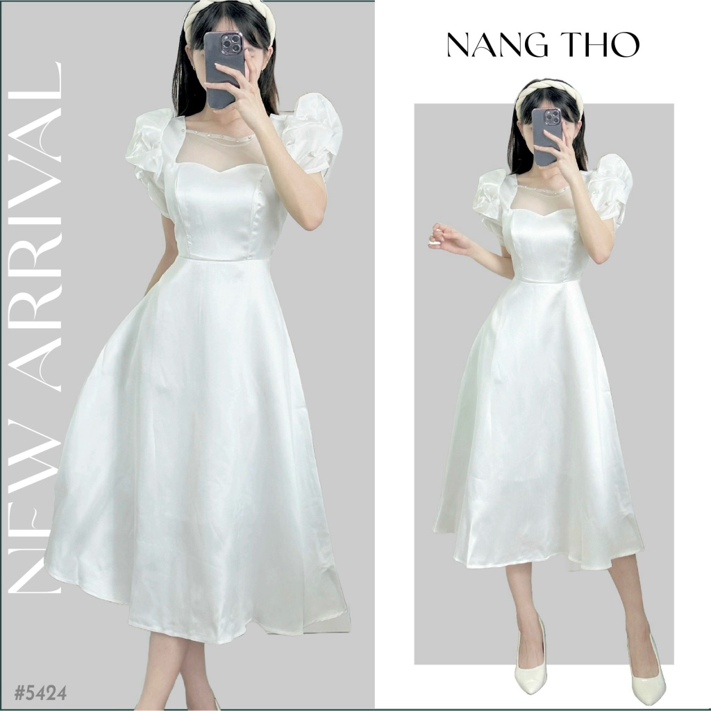 Đầm tafta trắng sát nách nơ viền đá (HÌNH THẬT ĐỘC QUYỀN nangtho.ct) 5331 5424
