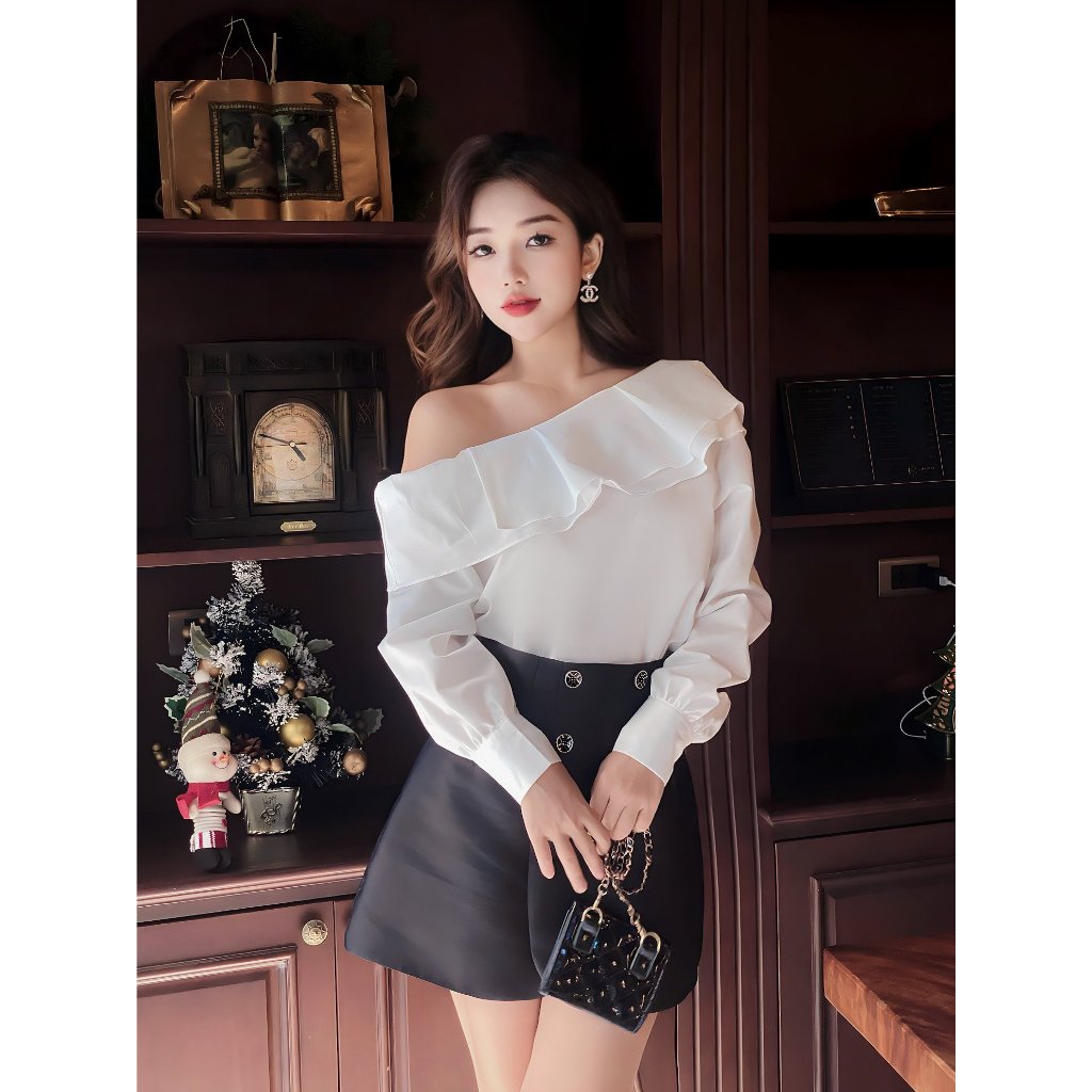 YU CHERRY | Áo thiết kế nữ lệch vai, cổ bèo 2 tầng One Shoulder Blouse YA466