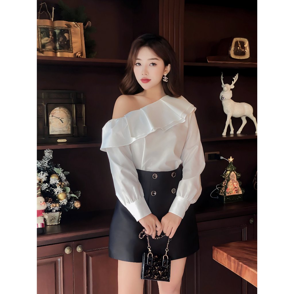 YU CHERRY | Áo thiết kế nữ lệch vai, cổ bèo 2 tầng One Shoulder Blouse YA466